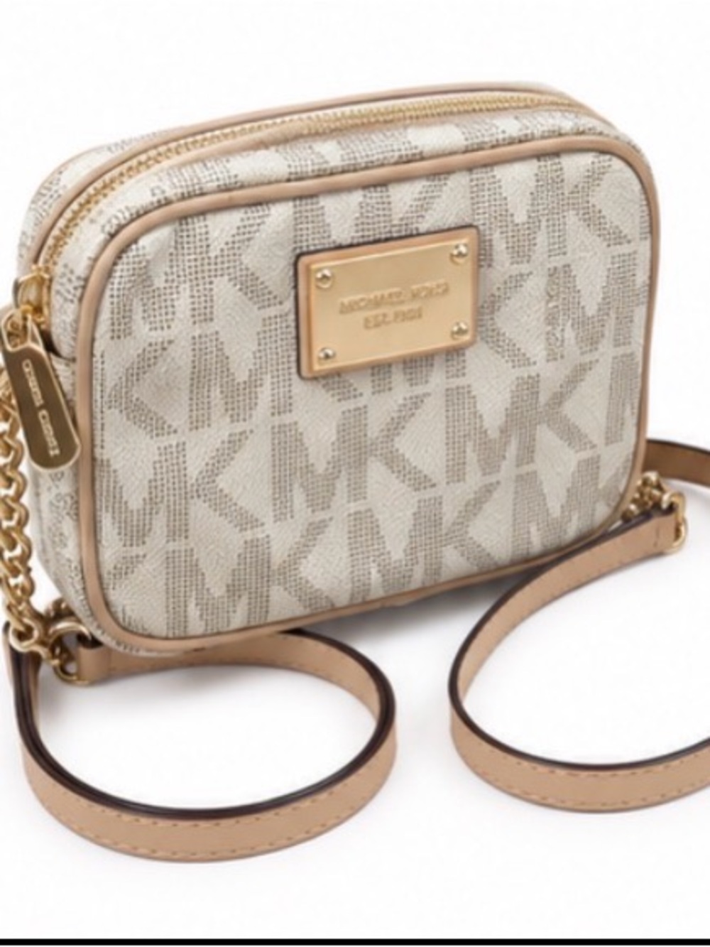 Michael Kors Embossed MK Logo Crossbody in Cream and Tan - Picture 2 of 14